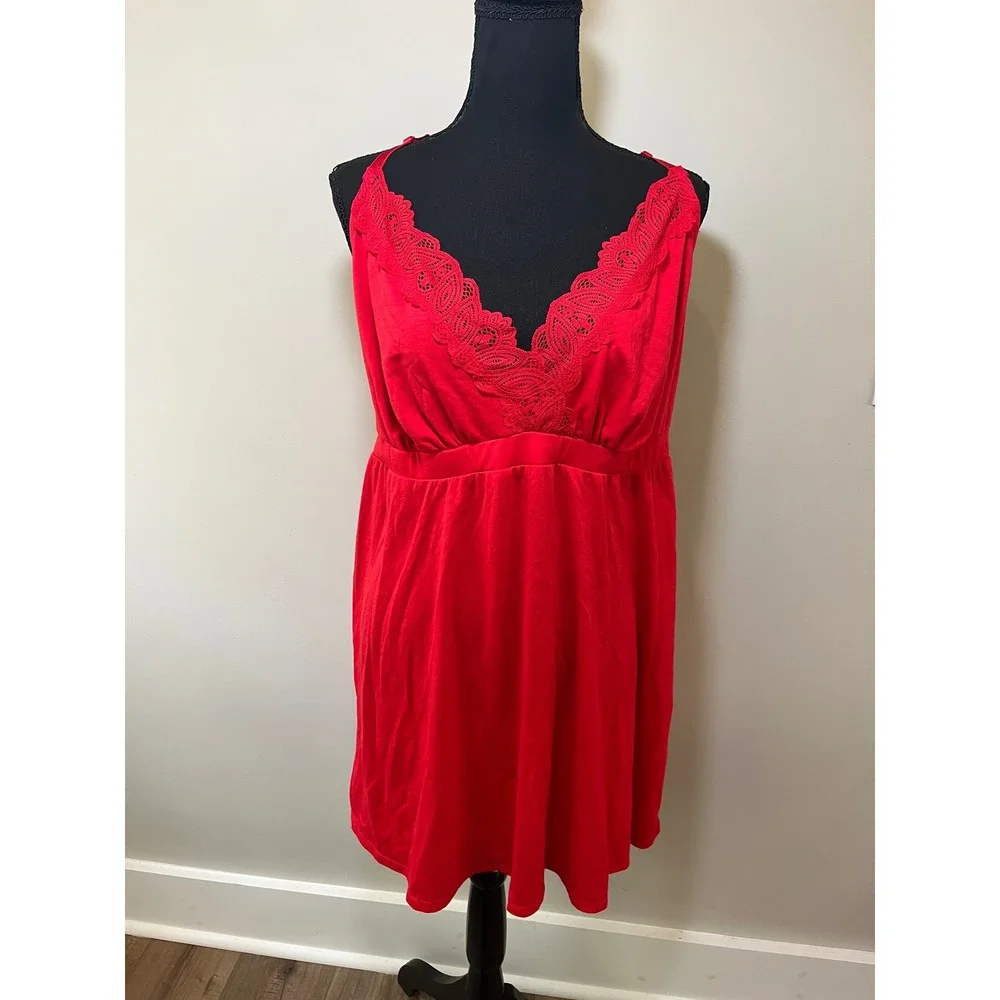 Cacique Sleep Red Lace Trim Chemise Nightgown Plus Size 18/20 Racerback Lingerie